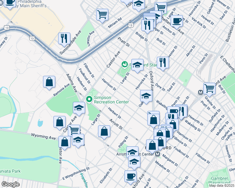 map of restaurants, bars, coffee shops, grocery stores, and more near 1110 Harrison Street in Philadelphia