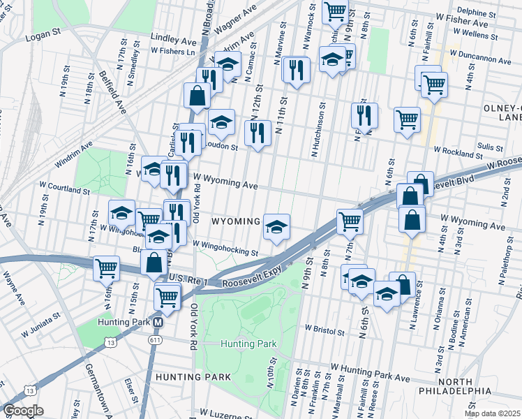 map of restaurants, bars, coffee shops, grocery stores, and more near 4622 North 11th Street in Philadelphia