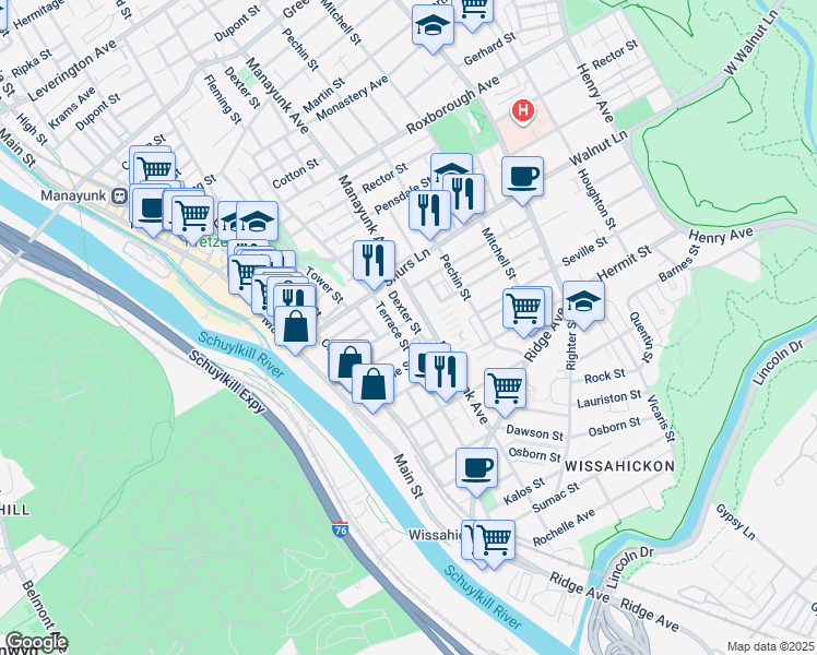 map of restaurants, bars, coffee shops, grocery stores, and more near 3966 Dexter Street in Philadelphia