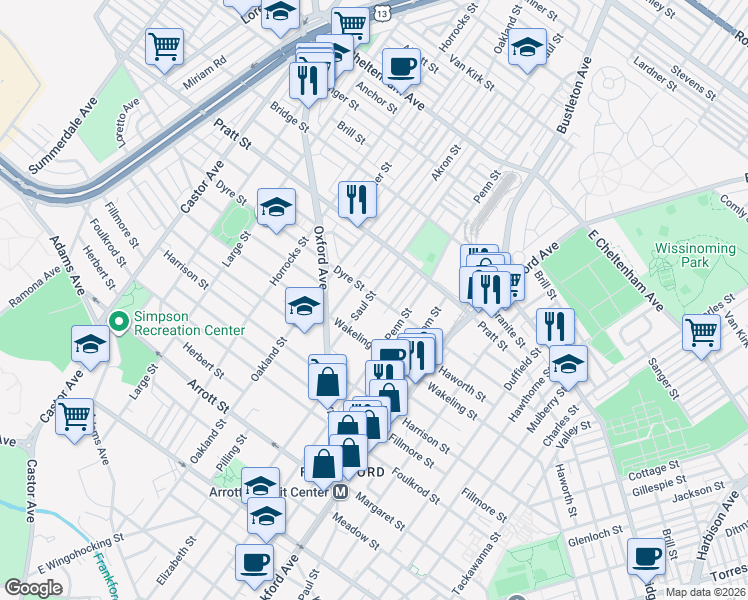 map of restaurants, bars, coffee shops, grocery stores, and more near 5039 Saul Street in Philadelphia
