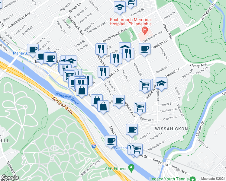 map of restaurants, bars, coffee shops, grocery stores, and more near 3966 Dexter Street in Philadelphia