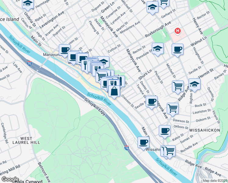map of restaurants, bars, coffee shops, grocery stores, and more near 4139 Main Street in Philadelphia