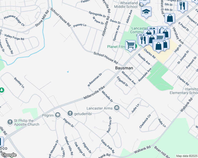 map of restaurants, bars, coffee shops, grocery stores, and more near 27 North Bausman Drive in Lancaster