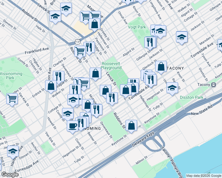 map of restaurants, bars, coffee shops, grocery stores, and more near 6348 Glenloch Street in Philadelphia