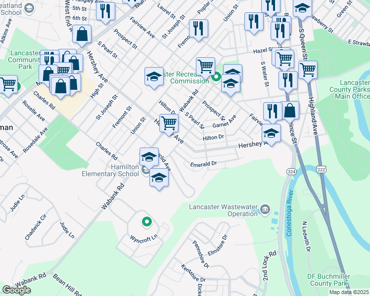 map of restaurants, bars, coffee shops, grocery stores, and more near 616 Hershey Avenue in Lancaster