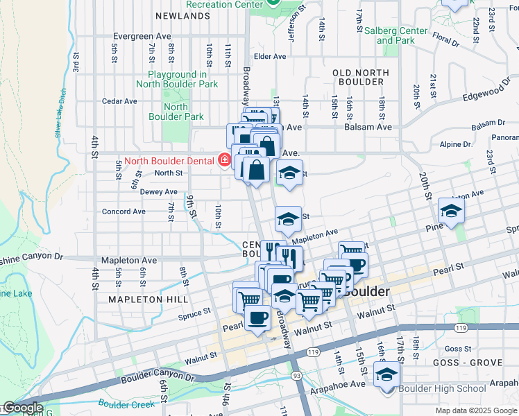map of restaurants, bars, coffee shops, grocery stores, and more near 2463 Broadway in Boulder