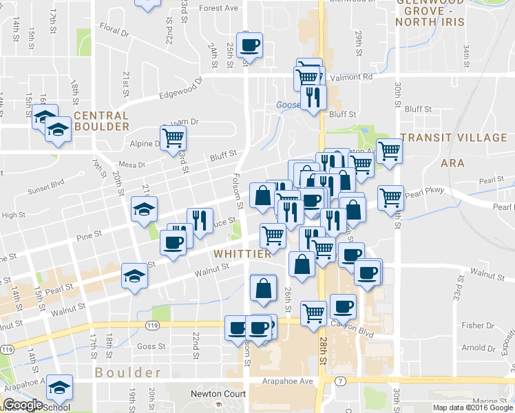 map of restaurants, bars, coffee shops, grocery stores, and more near 2525 Spruce Street in Boulder