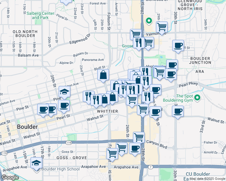 map of restaurants, bars, coffee shops, grocery stores, and more near 2525 Spruce Street in Boulder