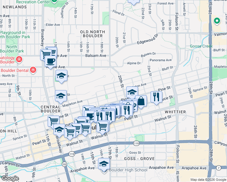 map of restaurants, bars, coffee shops, grocery stores, and more near 1913 Mapleton Avenue in Boulder