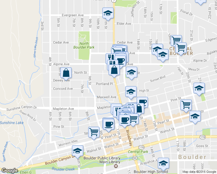 map of restaurants, bars, coffee shops, grocery stores, and more near 1122 Portland Place in Boulder