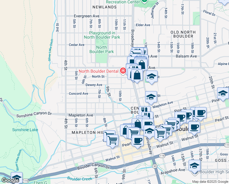 map of restaurants, bars, coffee shops, grocery stores, and more near 932 Portland Place in Boulder