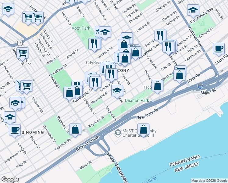 map of restaurants, bars, coffee shops, grocery stores, and more near 4811 Unruh Avenue in Philadelphia