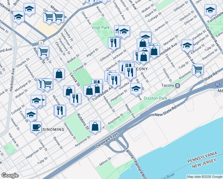 map of restaurants, bars, coffee shops, grocery stores, and more near in Philadelphia