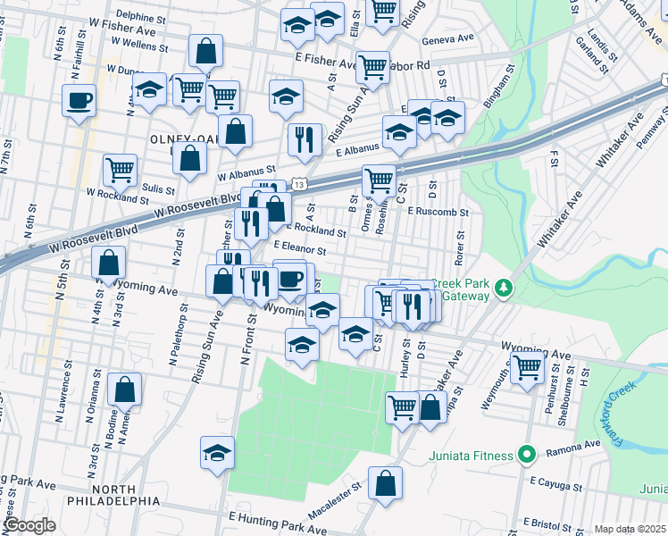 map of restaurants, bars, coffee shops, grocery stores, and more near 247 East Loudon Street in Philadelphia