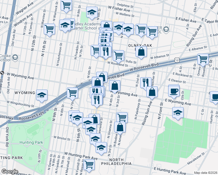 map of restaurants, bars, coffee shops, grocery stores, and more near 412 West Mentor Street in Philadelphia