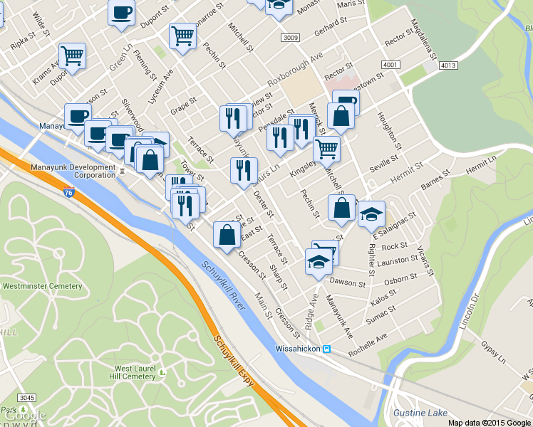 map of restaurants, bars, coffee shops, grocery stores, and more near 3943 Terrace Street in Philadelphia