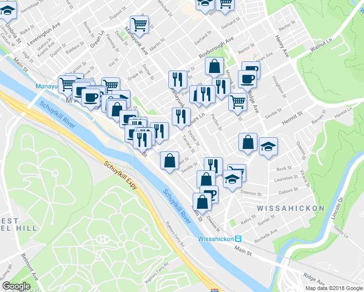 map of restaurants, bars, coffee shops, grocery stores, and more near 3943 Terrace Street in Philadelphia