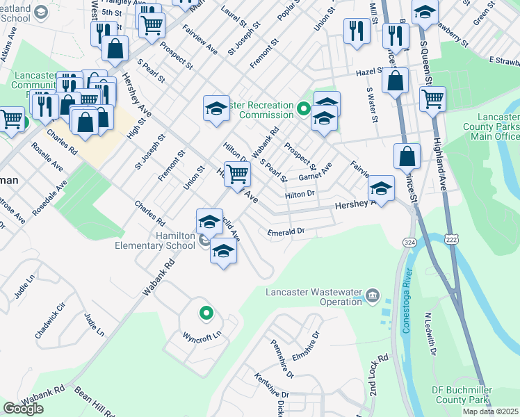 map of restaurants, bars, coffee shops, grocery stores, and more near 616 Hershey Avenue in Lancaster