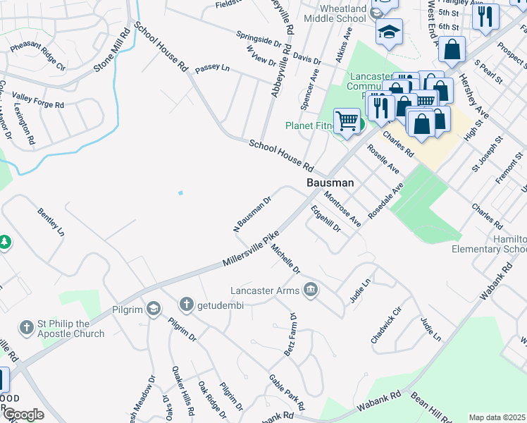 map of restaurants, bars, coffee shops, grocery stores, and more near 27 North Bausman Drive in Lancaster