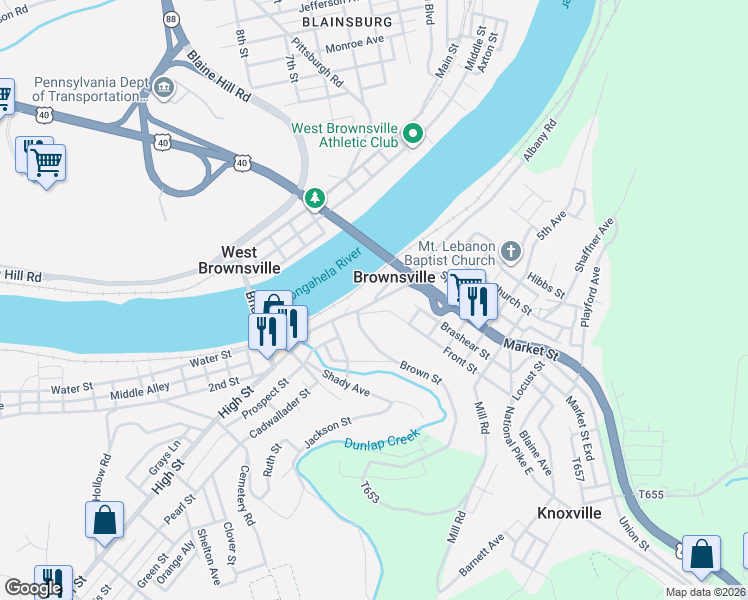 map of restaurants, bars, coffee shops, grocery stores, and more near 83 Market Street in Brownsville