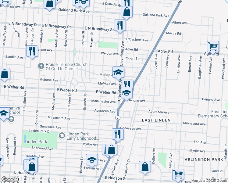 map of restaurants, bars, coffee shops, grocery stores, and more near in Columbus