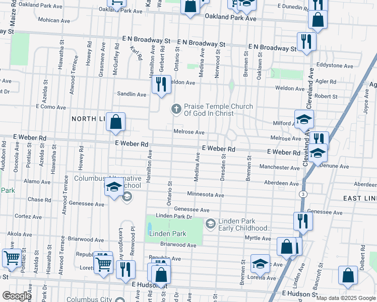 map of restaurants, bars, coffee shops, grocery stores, and more near 1405 East Weber Road in Columbus