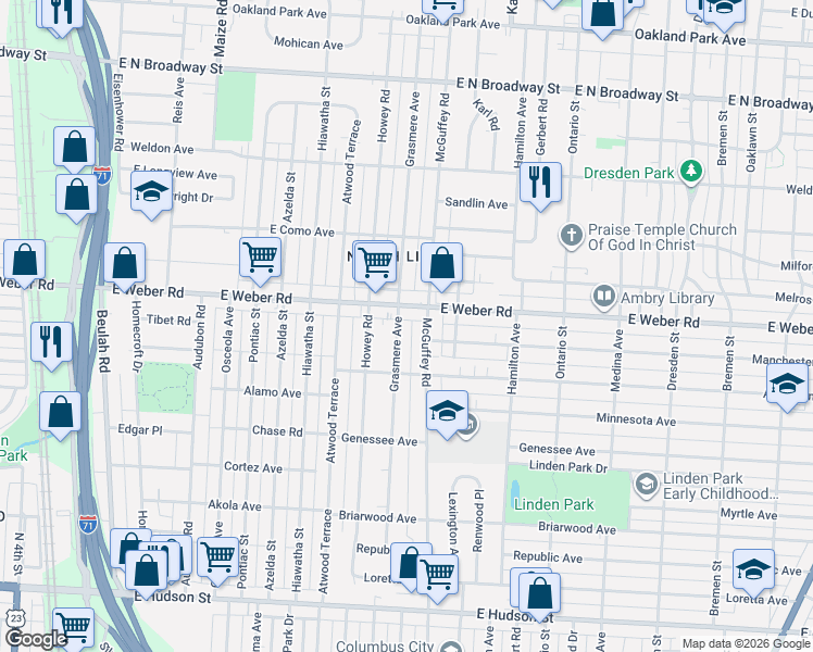 map of restaurants, bars, coffee shops, grocery stores, and more near in Columbus