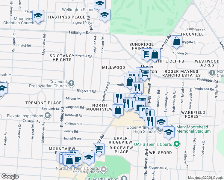 map of restaurants, bars, coffee shops, grocery stores, and more near 1842 Ridgecliff Road in Upper Arlington