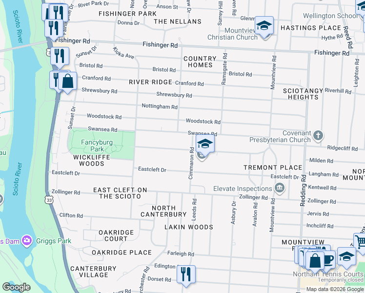 map of restaurants, bars, coffee shops, grocery stores, and more near 2490 Wickliffe Road in Columbus