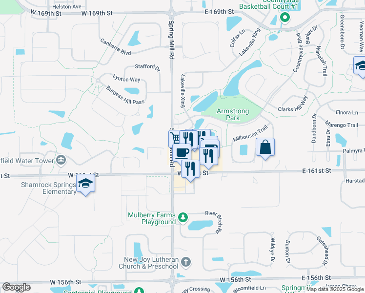 map of restaurants, bars, coffee shops, grocery stores, and more near 16154 Lakeville Crossing in Westfield
