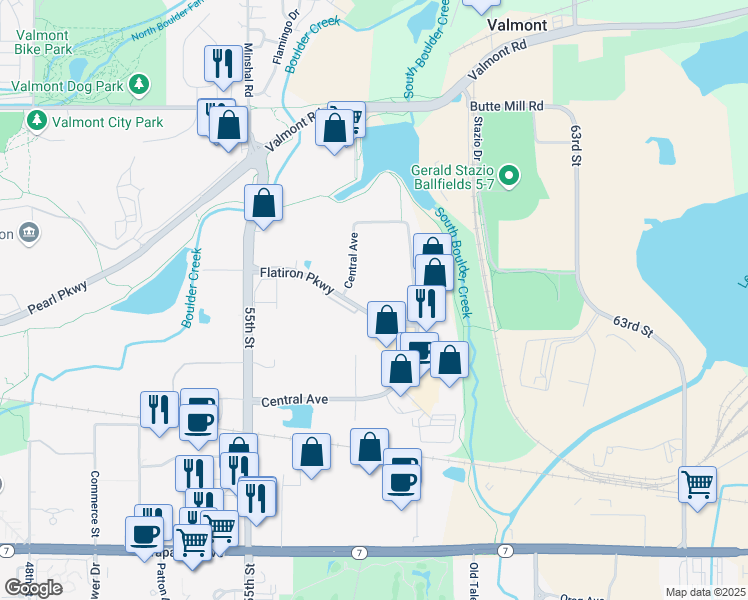 map of restaurants, bars, coffee shops, grocery stores, and more near 5775 Flatiron Pkwy in Boulder