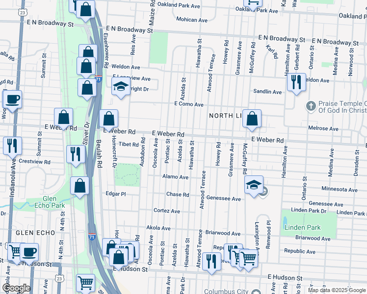 map of restaurants, bars, coffee shops, grocery stores, and more near 2831 Azelda Street in Columbus