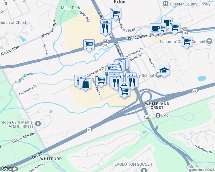 map of restaurants, bars, coffee shops, grocery stores, and more near 124 Woodcutter Street in Exton