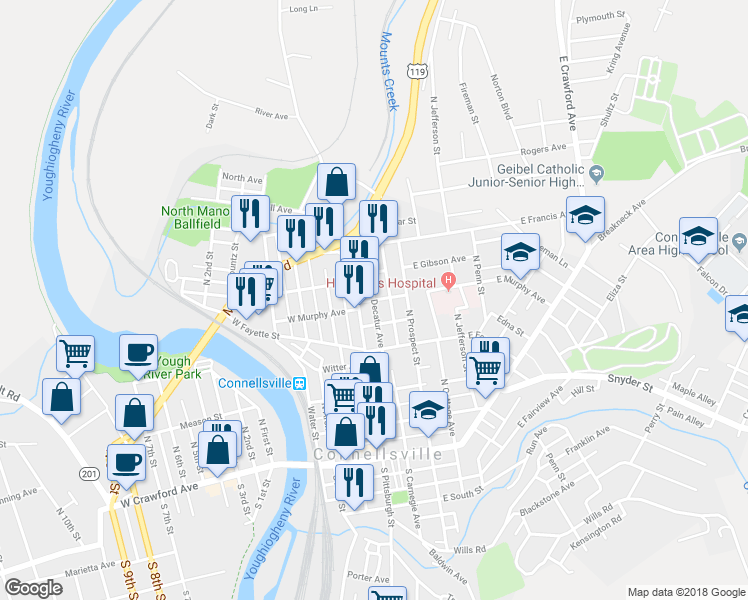 map of restaurants, bars, coffee shops, grocery stores, and more near 508 Decatur Avenue in Connellsville