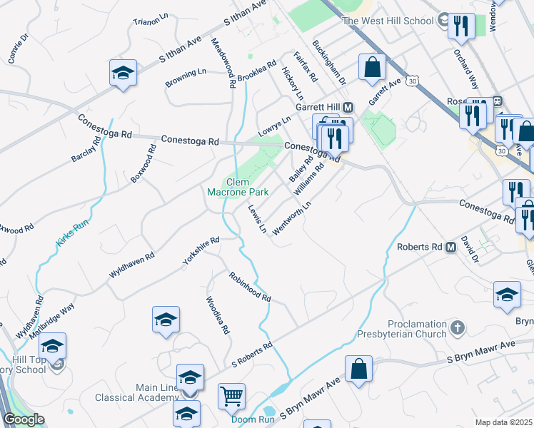 map of restaurants, bars, coffee shops, grocery stores, and more near 330 Williams Road in Bryn Mawr