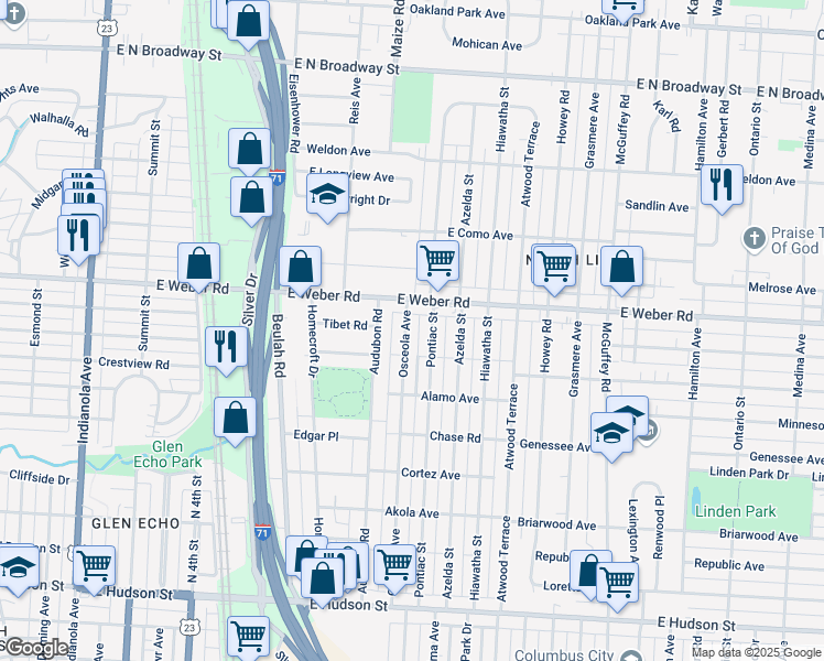 map of restaurants, bars, coffee shops, grocery stores, and more near 2836 Osceola Avenue in Columbus