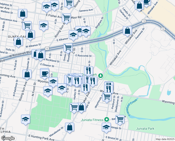 map of restaurants, bars, coffee shops, grocery stores, and more near 4834 Rorer Street in Philadelphia