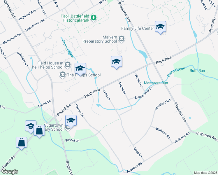 map of restaurants, bars, coffee shops, grocery stores, and more near 342 Paoli Pike in Malvern