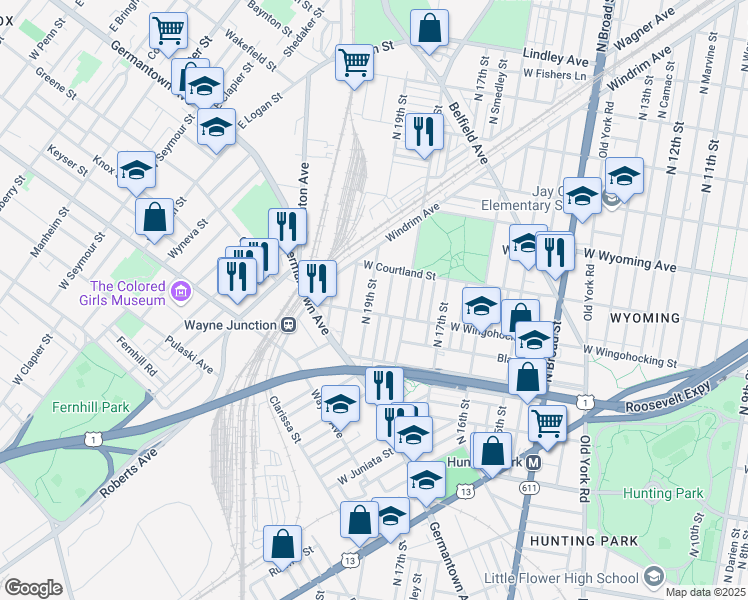 map of restaurants, bars, coffee shops, grocery stores, and more near 4517 North 19th Street in Philadelphia