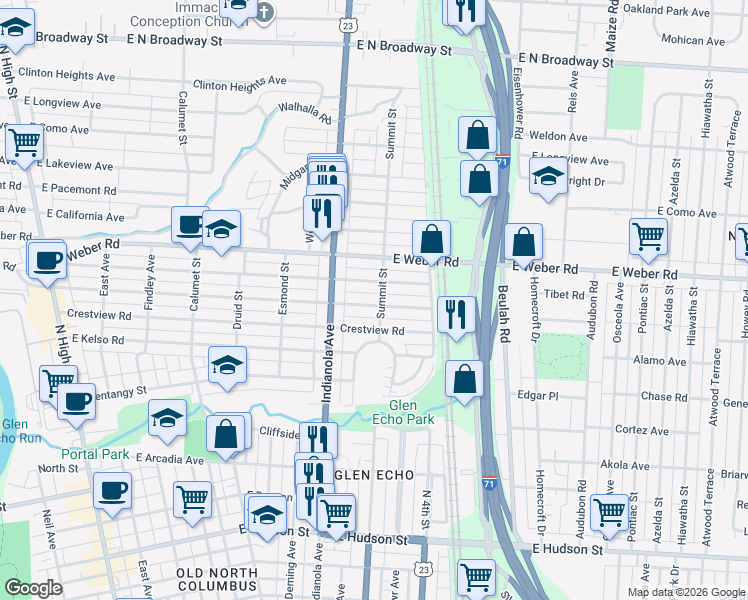 map of restaurants, bars, coffee shops, grocery stores, and more near 492 East Tulane Road in Columbus