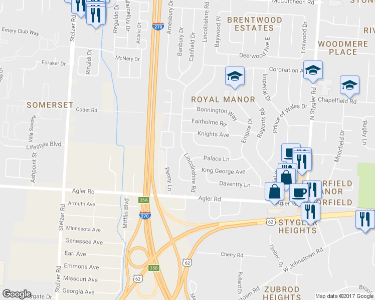 map of restaurants, bars, coffee shops, grocery stores, and more near 162 Lincolnshire Road in Columbus