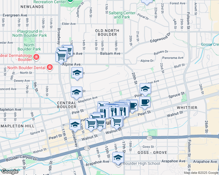 map of restaurants, bars, coffee shops, grocery stores, and more near 1700 Bluff Street in Boulder
