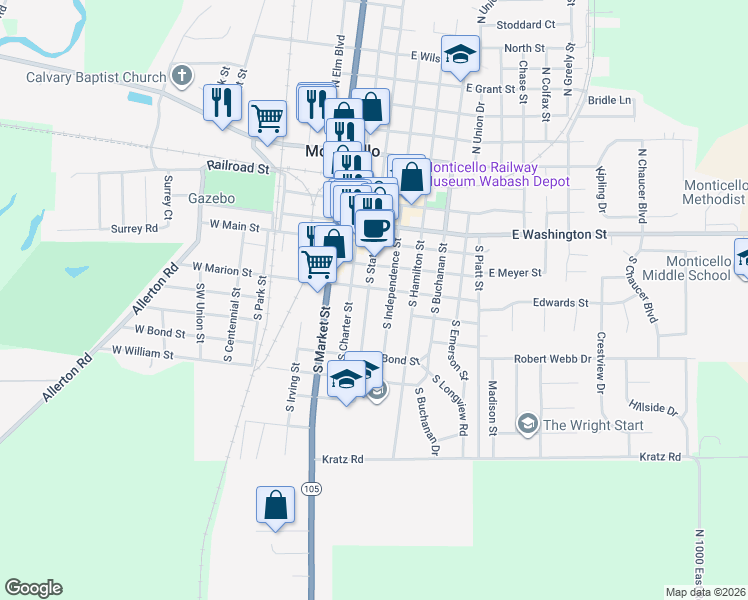 map of restaurants, bars, coffee shops, grocery stores, and more near 413 South State Street in Monticello