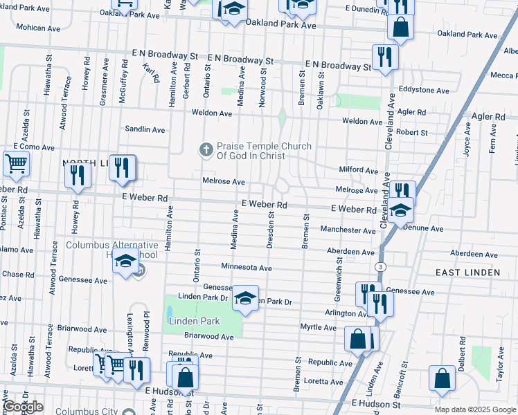 map of restaurants, bars, coffee shops, grocery stores, and more near 1463 East Weber Road in Columbus