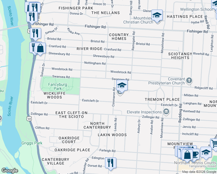 map of restaurants, bars, coffee shops, grocery stores, and more near 2490 Wickliffe Road in Columbus