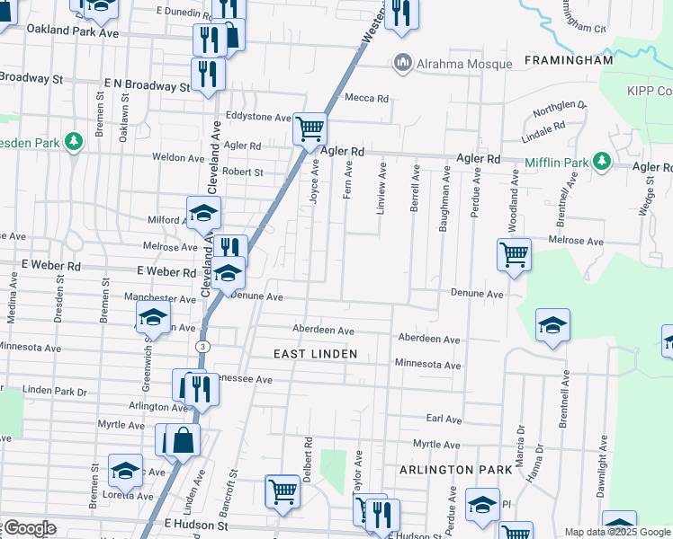 map of restaurants, bars, coffee shops, grocery stores, and more near 2685 Fern Avenue in Columbus