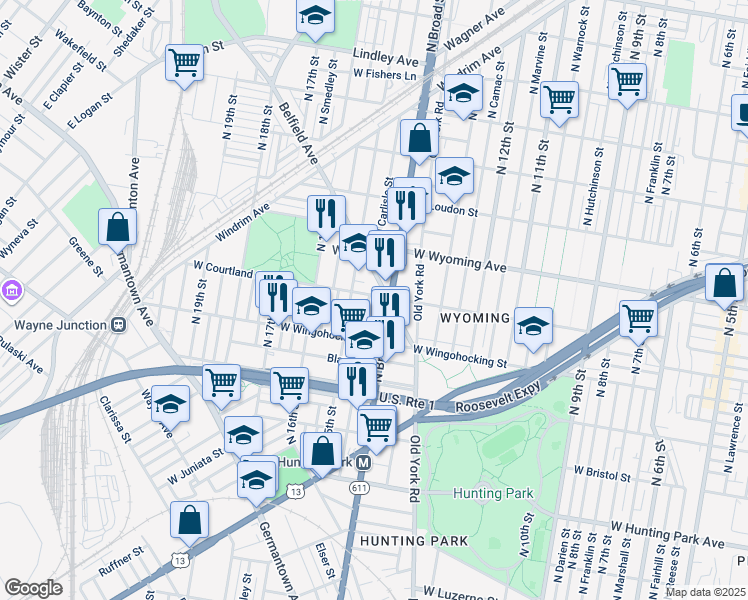 map of restaurants, bars, coffee shops, grocery stores, and more near 4549 North Carlisle Street in Philadelphia