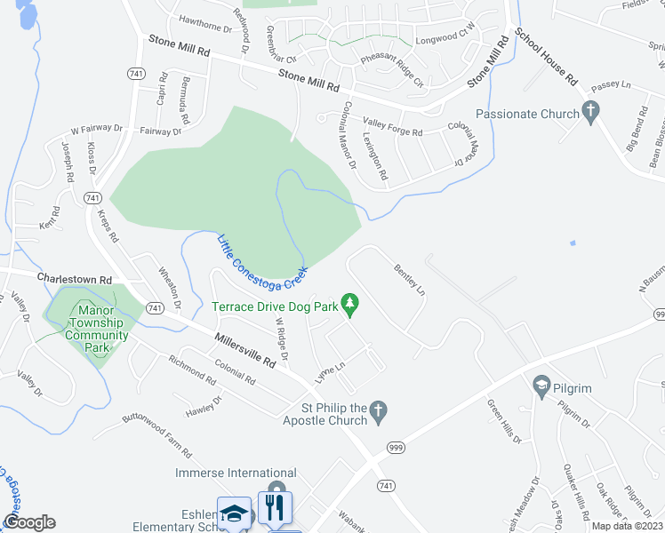 map of restaurants, bars, coffee shops, grocery stores, and more near 120 Bentley Lane in Lancaster