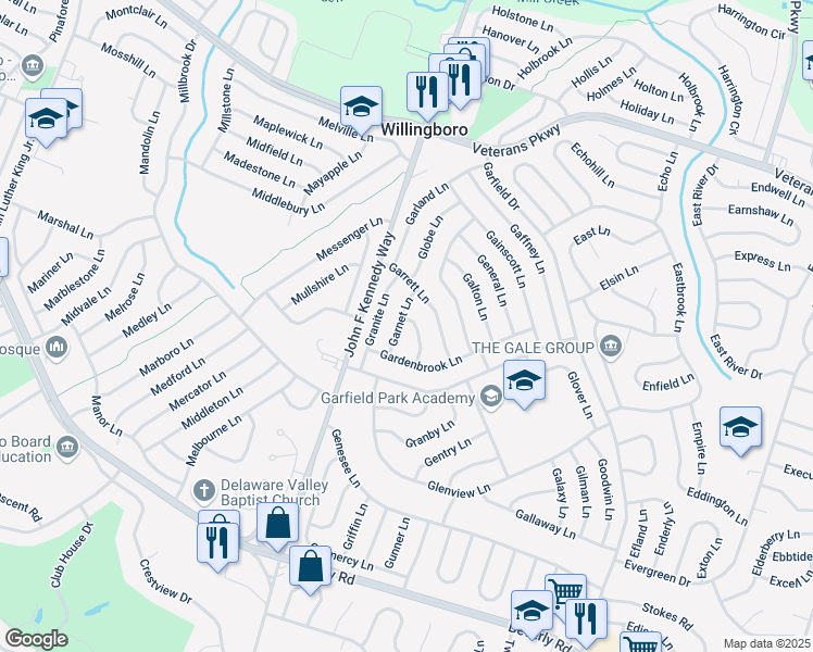 map of restaurants, bars, coffee shops, grocery stores, and more near 25 Gary Lane in Willingboro