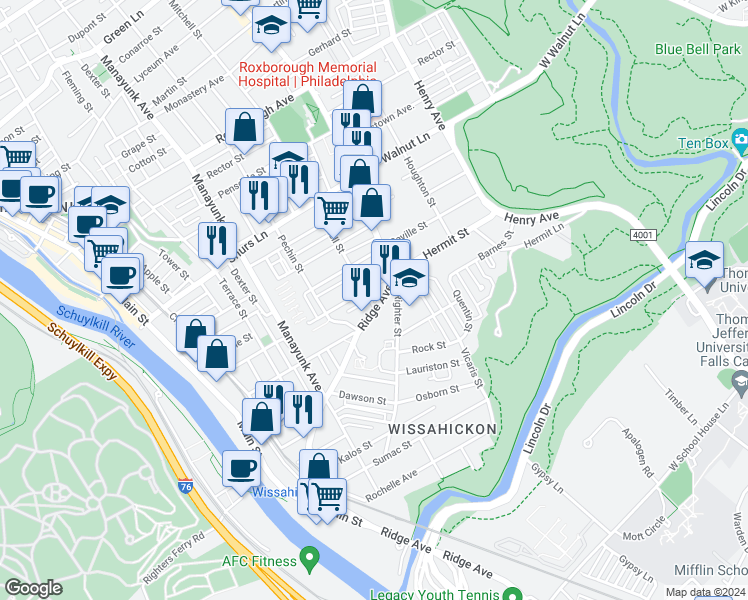map of restaurants, bars, coffee shops, grocery stores, and more near 5440 Ridge Avenue in Philadelphia